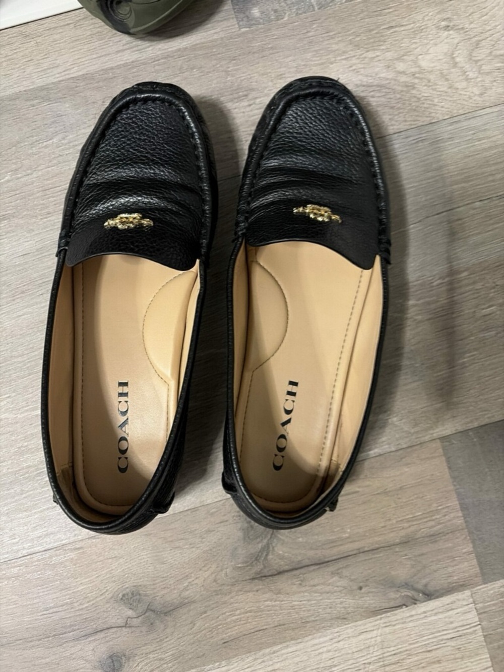 Coach Black Leather Penny Loafers with Gold Accent